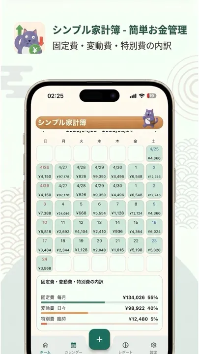 カレンダー画面。日ごとの支出と固定費・変動費・特別費の内訳