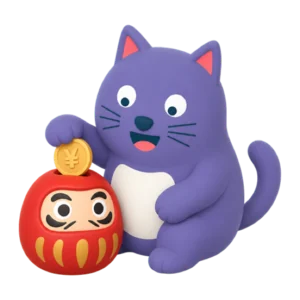 だるまと一緒に貯金を応援するネコのキャラクター